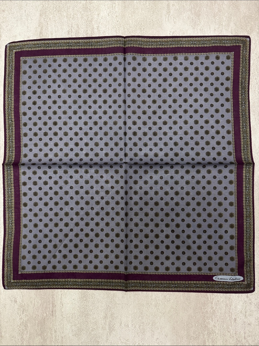 Vintage handkerchief Pocket in Gray with Purple Border cotton